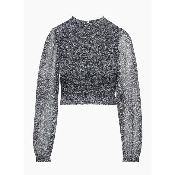 Aritzia Wilfred Tempest Black Floral Smocked Puff Sleeve Crop Top Blouse Sz 2XS - Picture 4 of 6